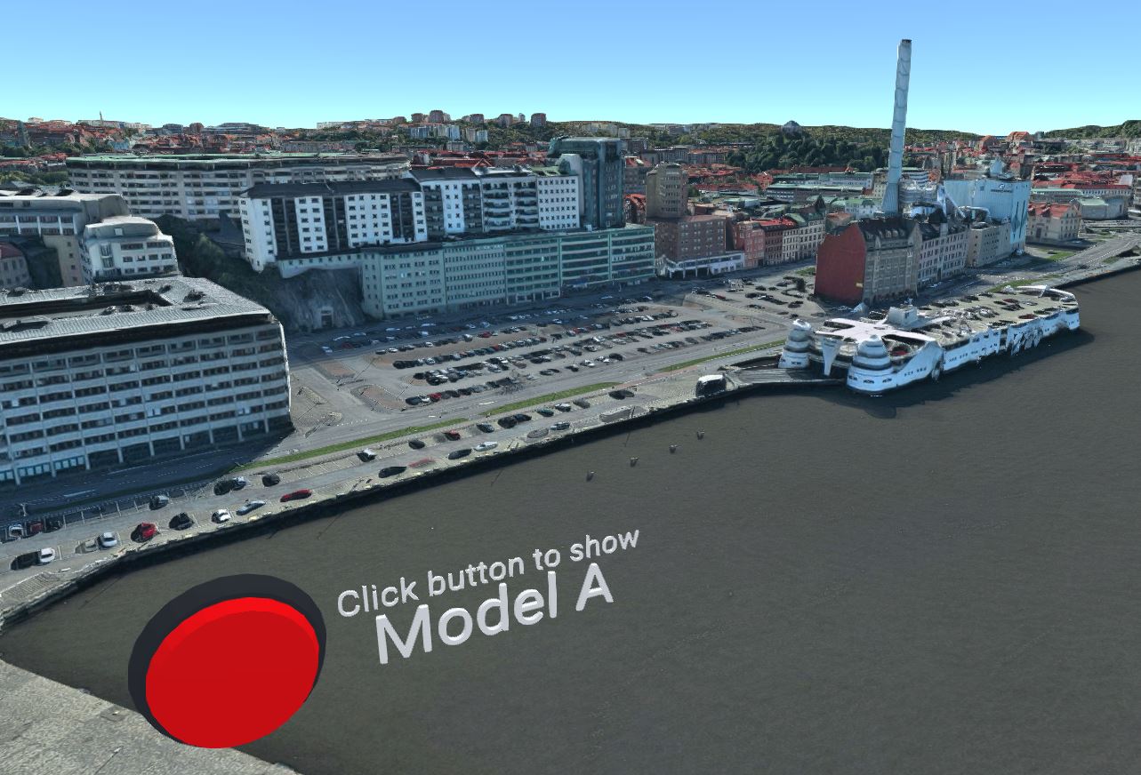A big button toggles the visibility of an imported 3D CAD building, placed in the city model